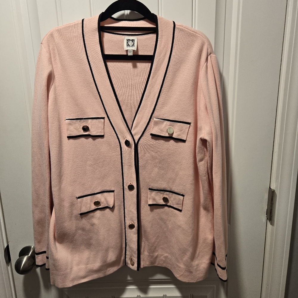 Anne Klein Women's Contrast-Trim Long-Sleeve Cardigan pink and black size Large